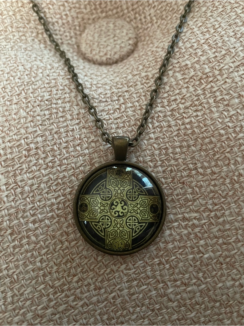 Bronze Celtic Cross Pendant Necklace in Olive Green and Black